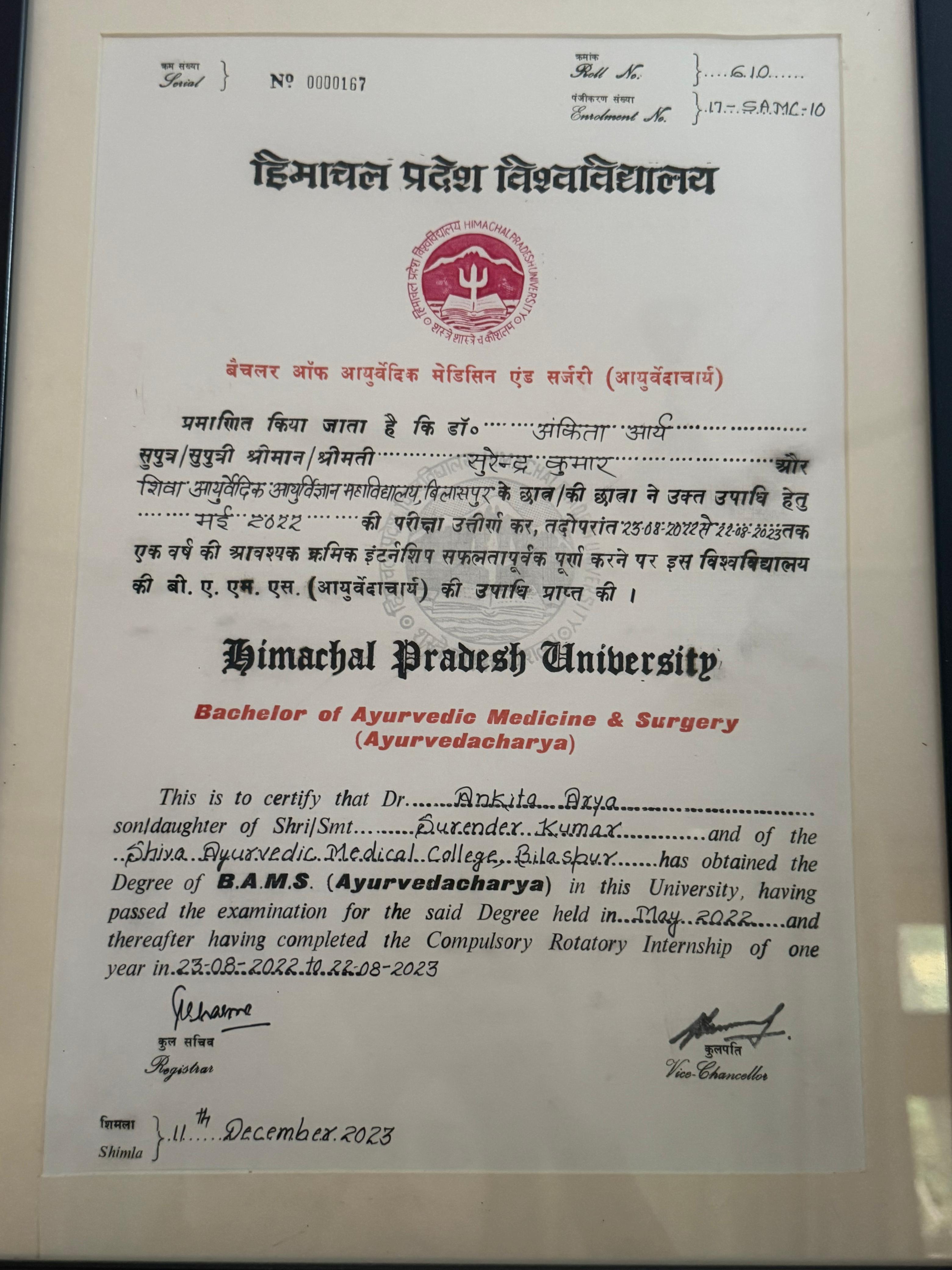 Dr. Ankita Arya — BAMS Degree